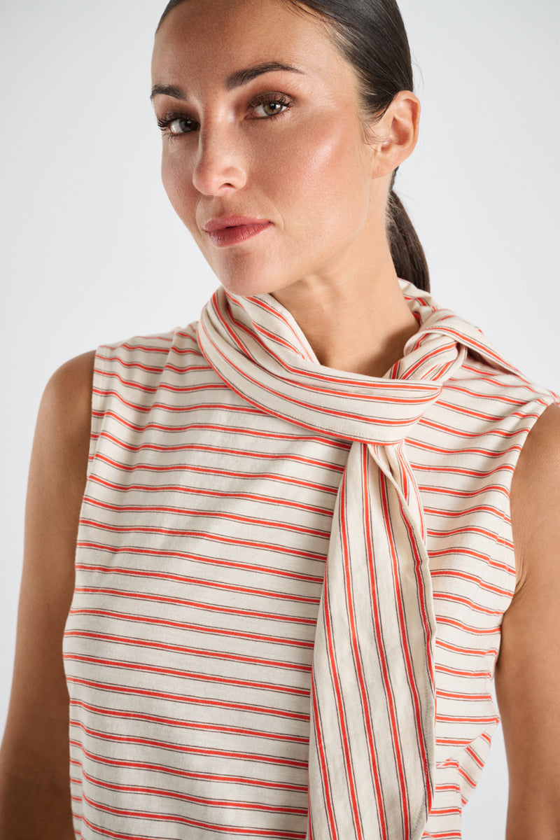 Striped sleeveless top with scarf collar
