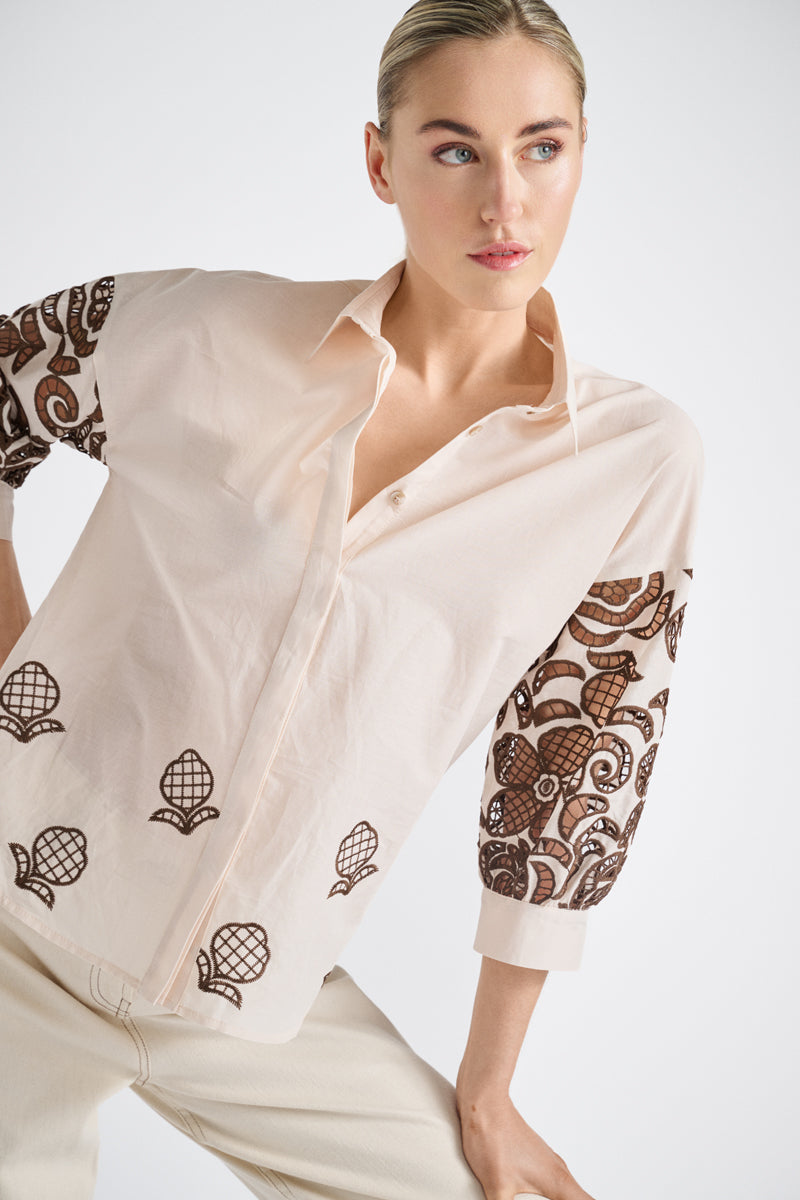 Losse bloes met tropische print in katoen