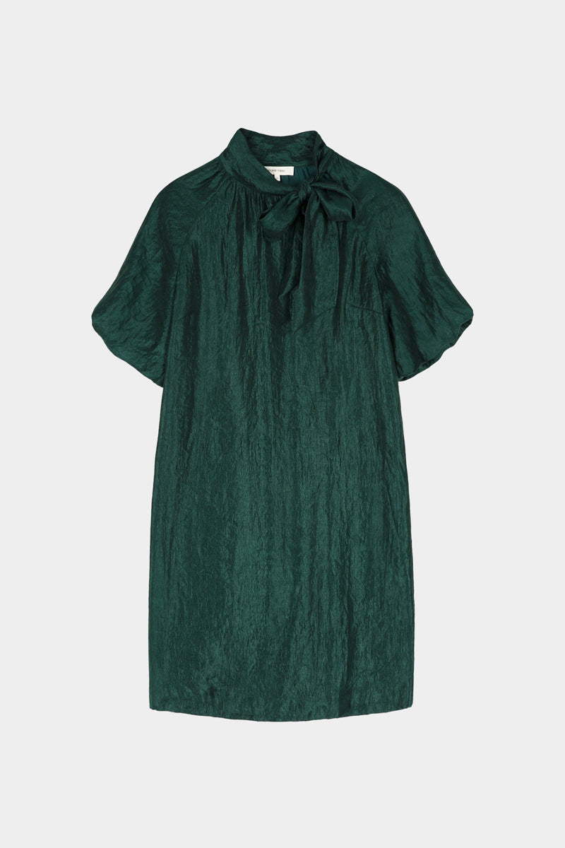 Robe vert foncé longueur genou avec col lavallière et manches courtes