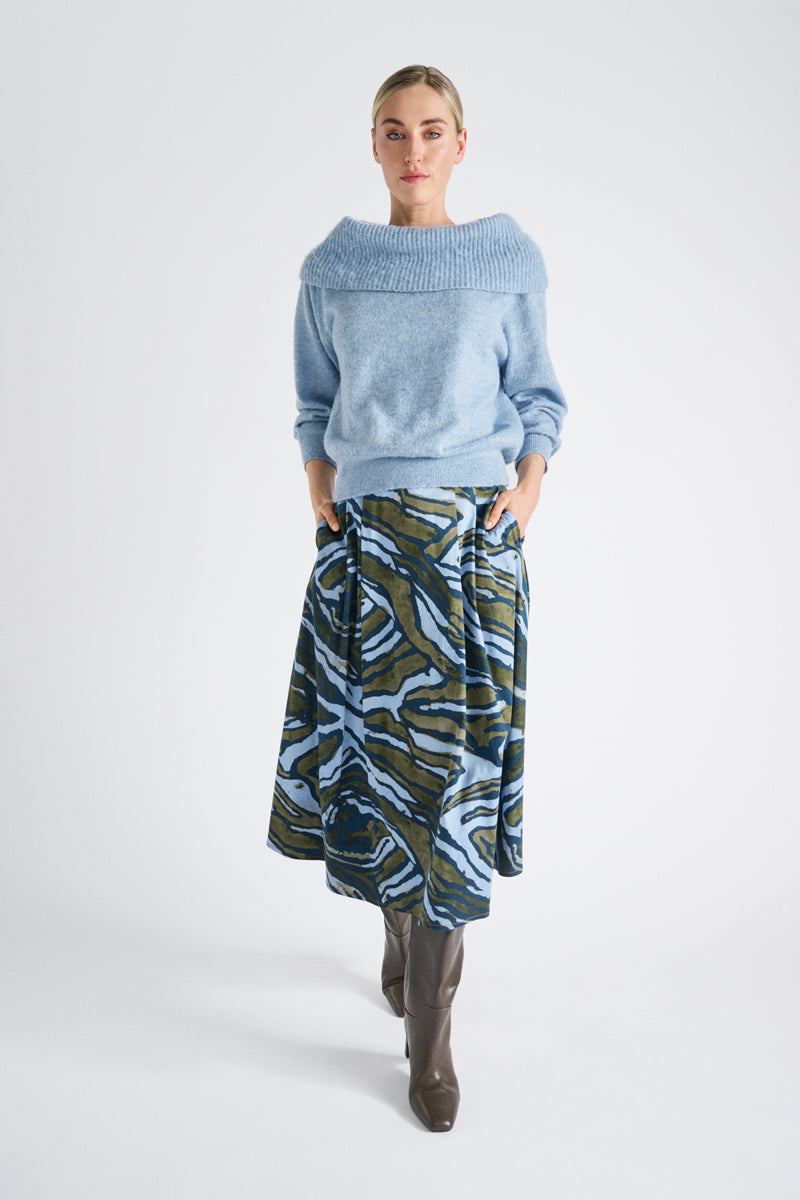 A-lijn rok met print in blauw en olijfgroen