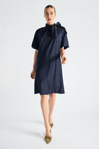 Navy bow collar knee-length dress