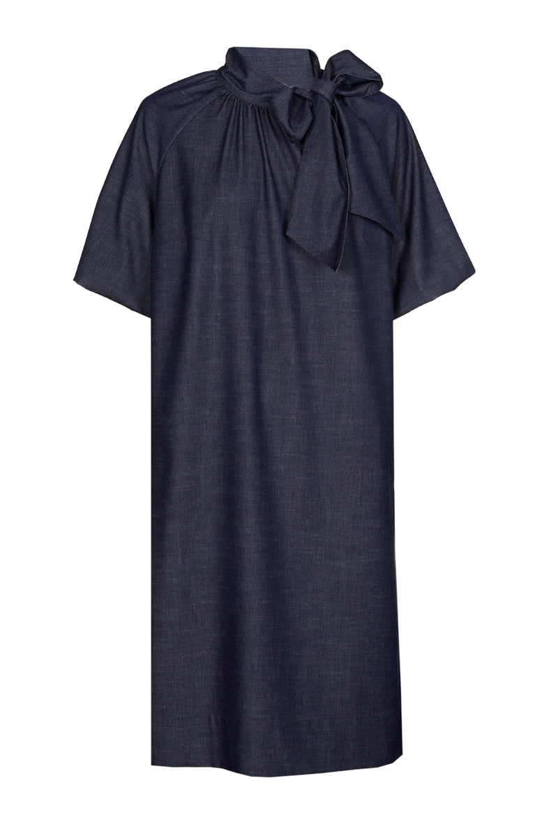 Navy bow collar knee-length dress