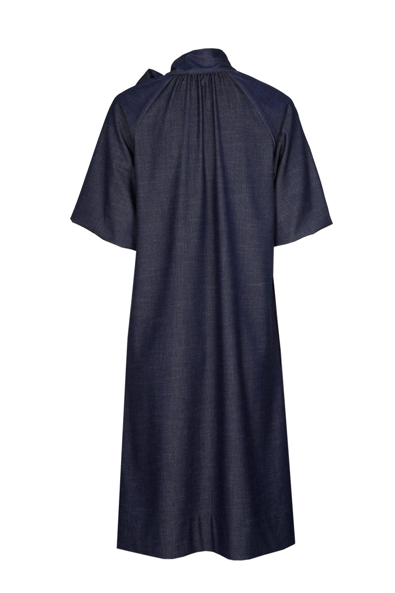 Navy bow collar knee-length dress