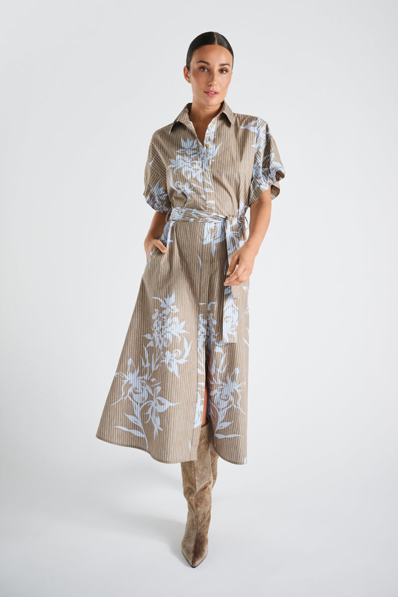 Striped flower printed shirt dress
