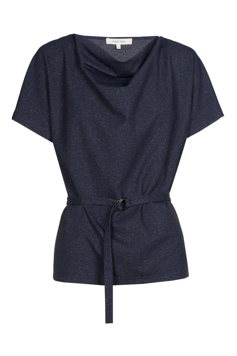 Top en satin marine manche courte avec ceinture