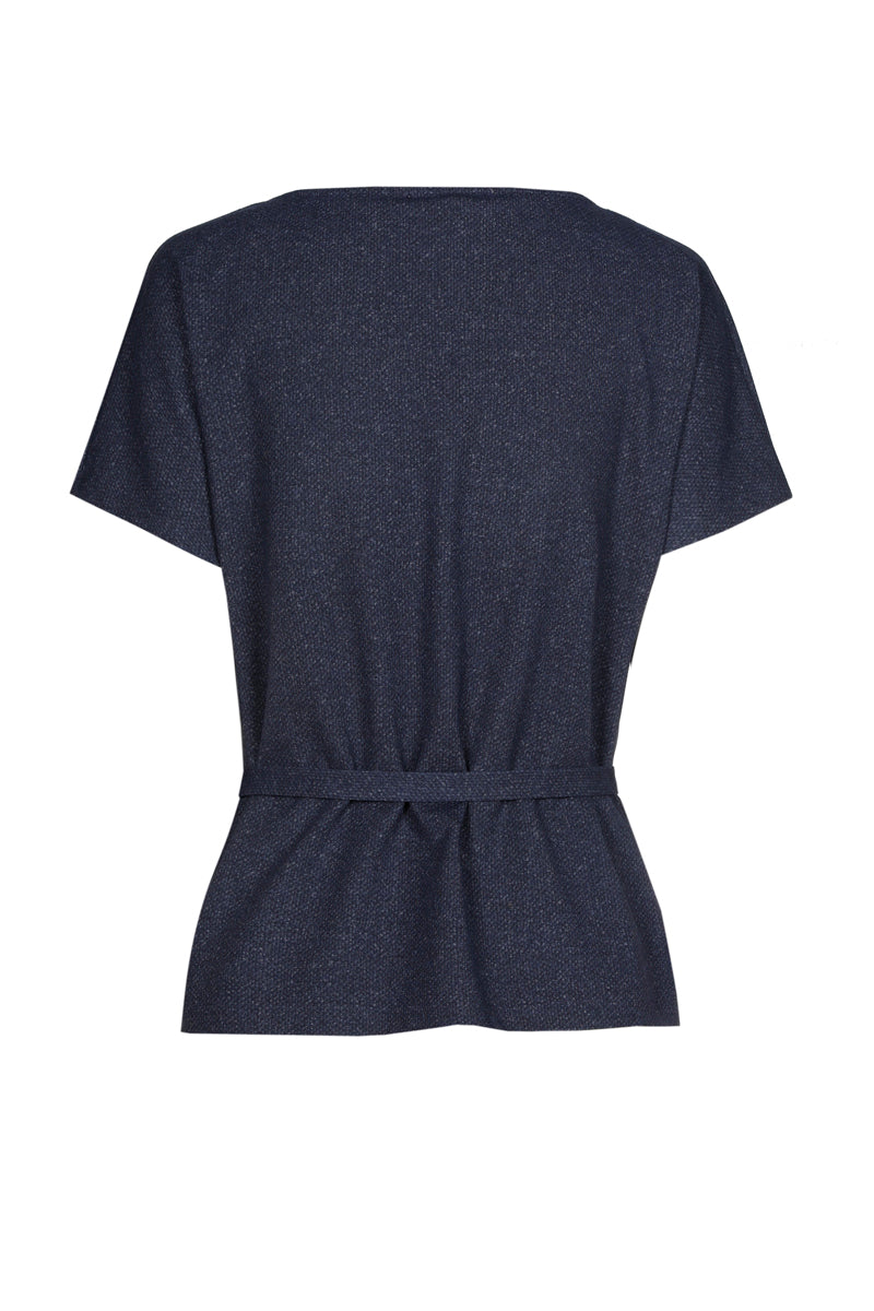 Top en satin marine manche courte avec ceinture