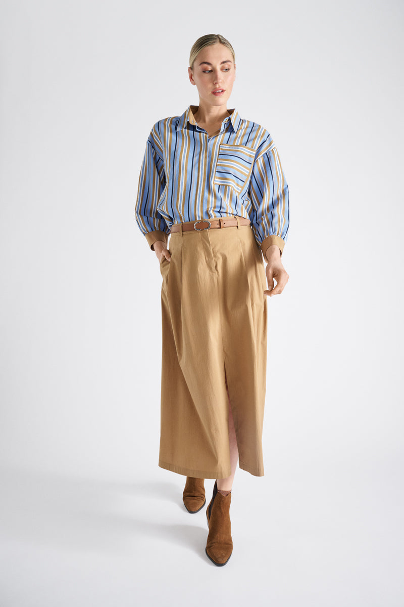Camel midi-rok met plooien en zakken