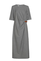 Grey striped dress with gathered waist