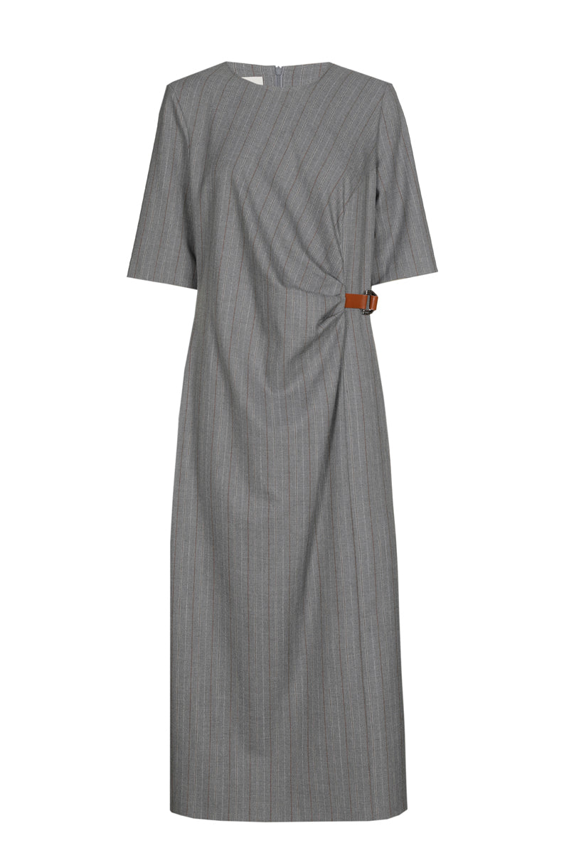 Grey striped dress with gathered waist