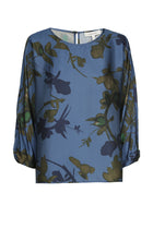 Boxy three-quarter sleeved blue viscose printed top