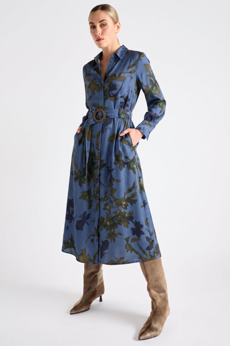 Robe-chemisier bleue ceinturée imprimée