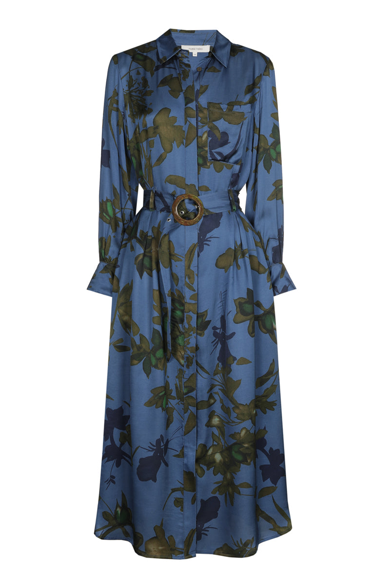 Robe-chemisier bleue ceinturée imprimée