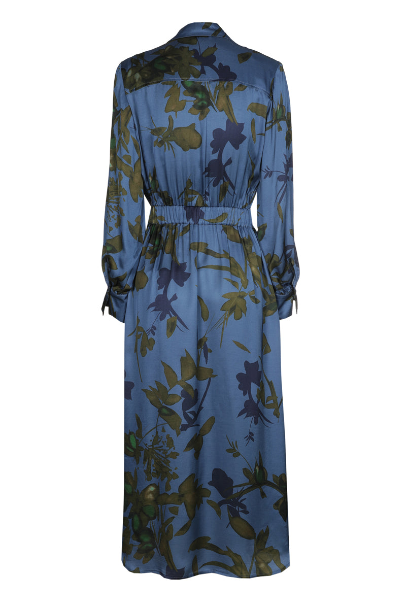 Robe-chemisier bleue ceinturée imprimée