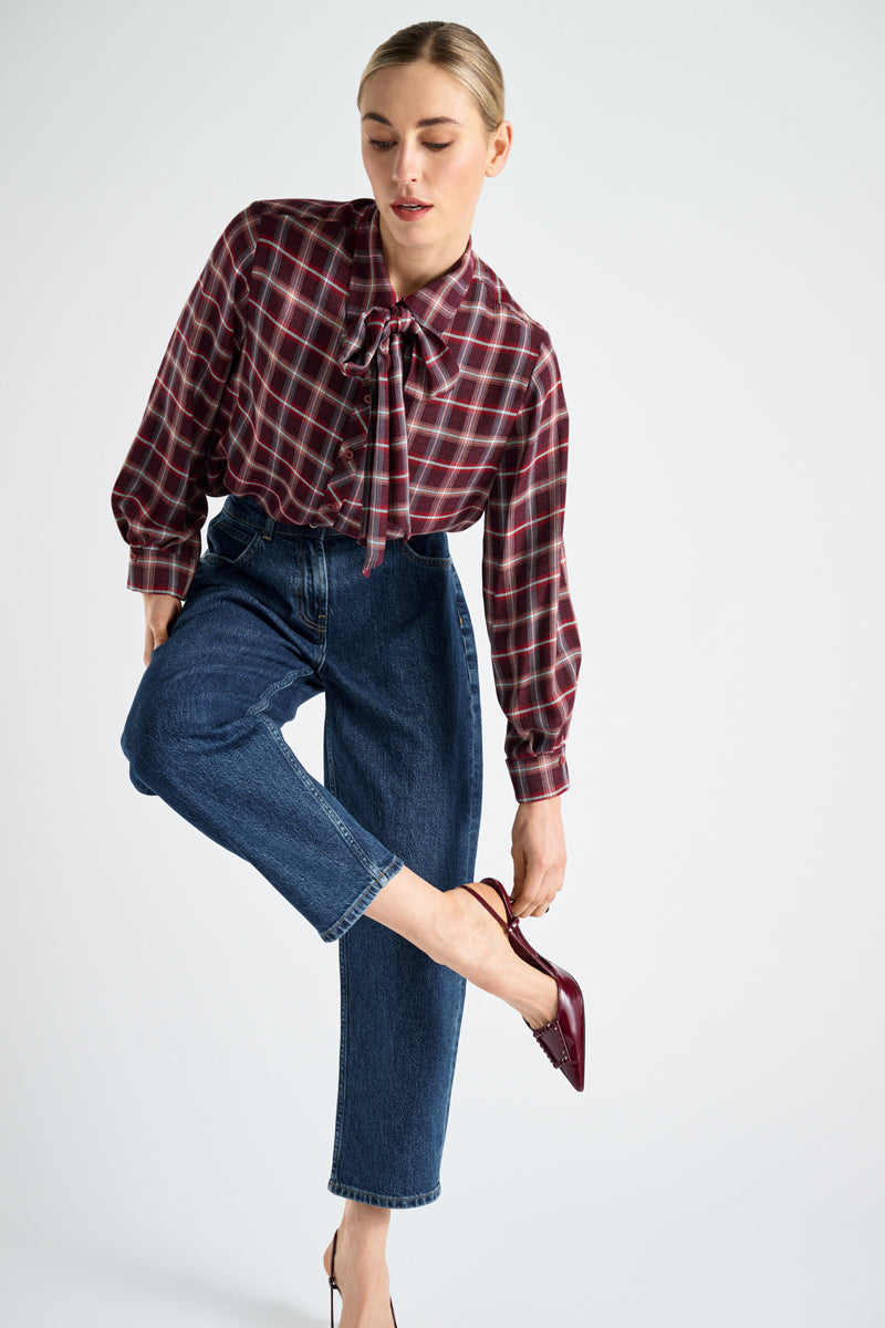 Check viscose shirt with bow collar