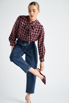 Check viscose shirt with bow collar