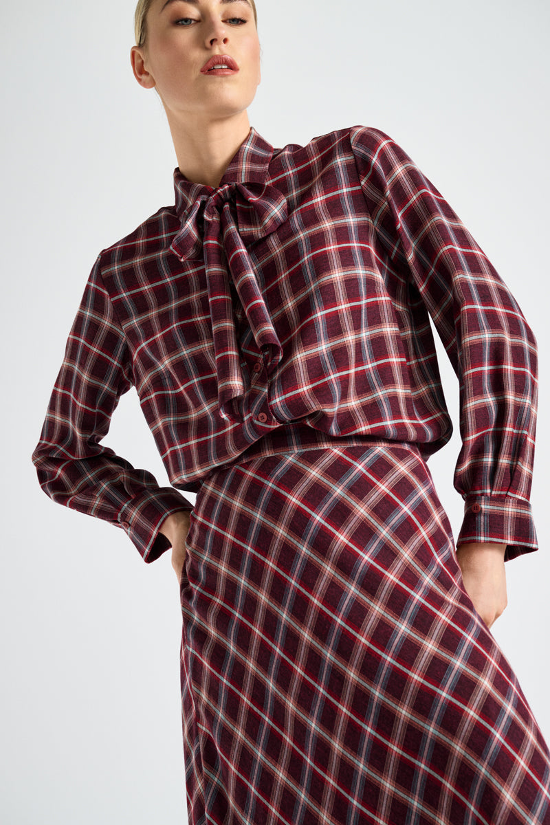 Check viscose shirt with bow collar