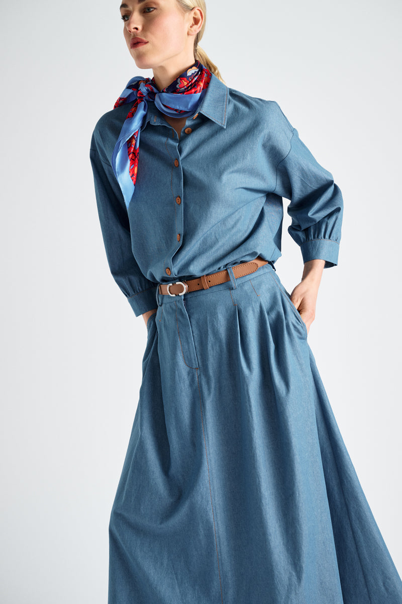 Denim midi-rok met plooien en zakken