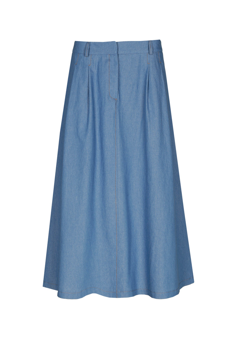Denim midi-rok met plooien en zakken