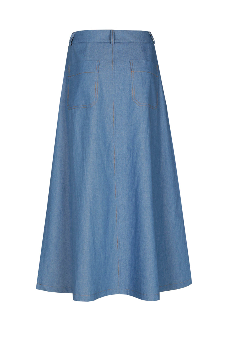 Denim midi-rok met plooien en zakken