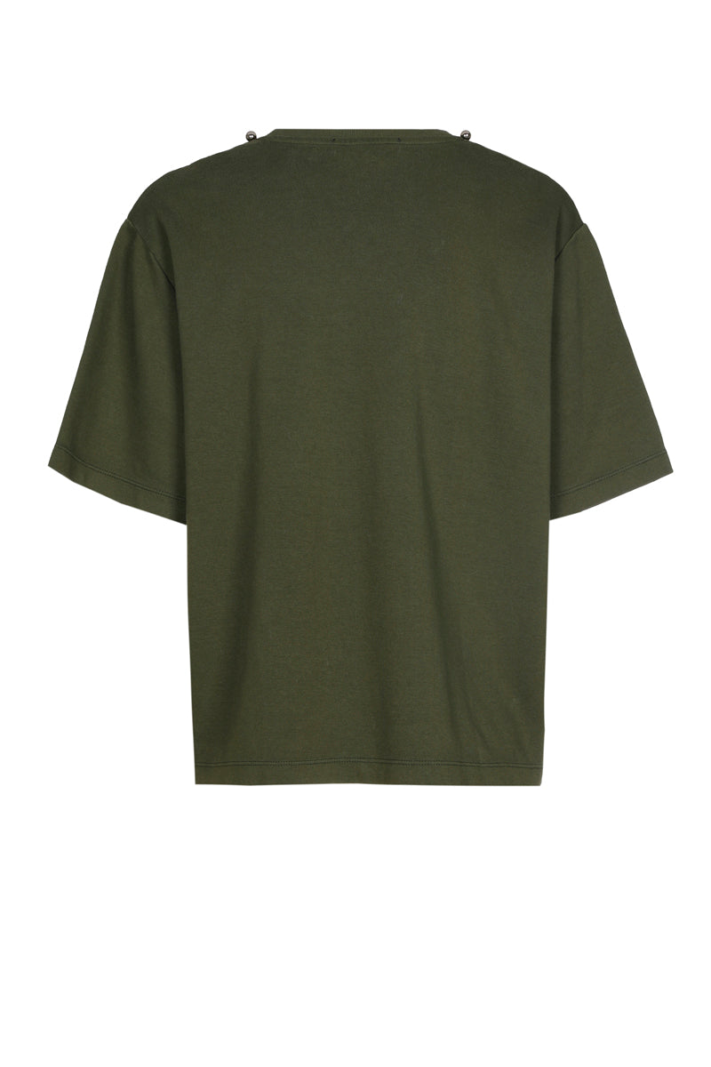 T-shirt boxy kaki avec col trompe-l'oeil 
