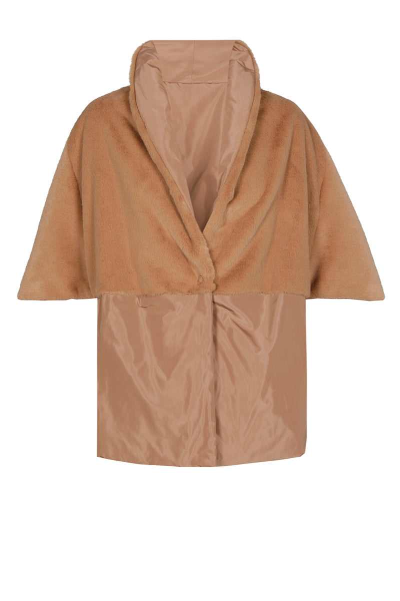 Half-long padded camel cape-parka with fleece lining 