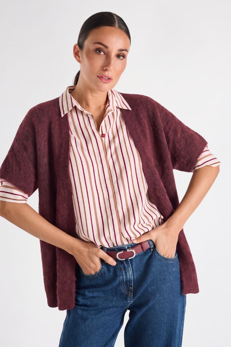 Open bordeaux cardigan met korte mouw