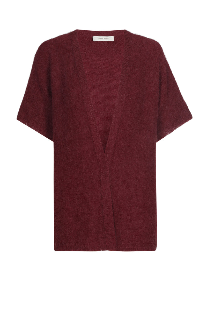 Open-front burgundy cardigan with short sleeves