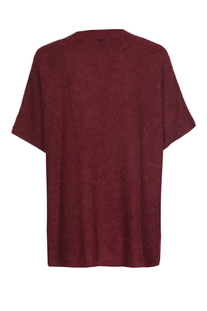 Open-front burgundy cardigan with short sleeves
