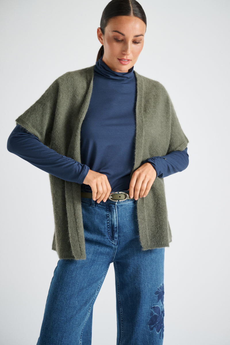 Open kaki cardigan met korte mouw