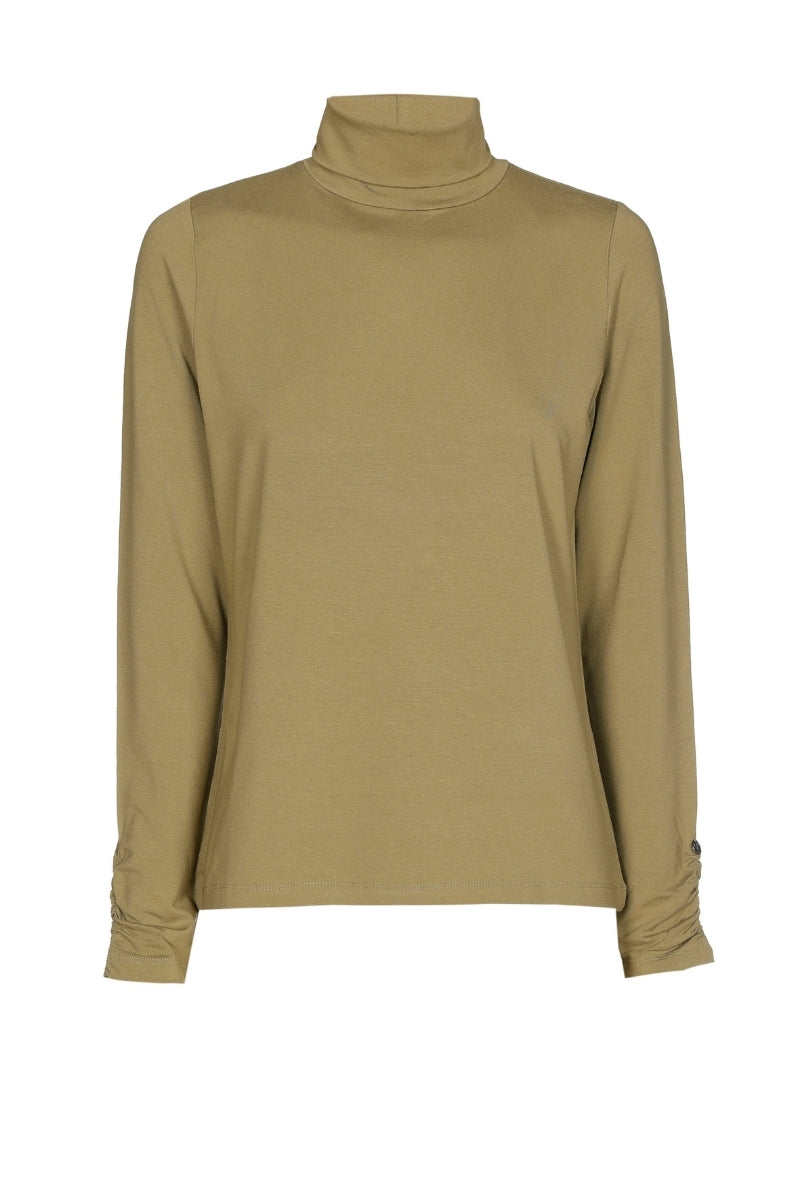 Basic olive roll-neck with gathered sleeve