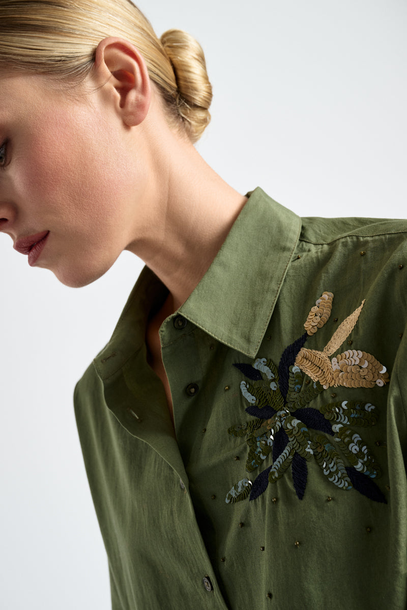 Khaki cotton shirt with sequins flower