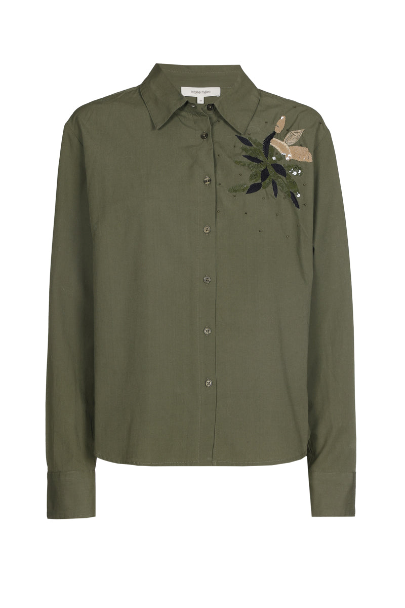 Khaki cotton shirt with sequins flower