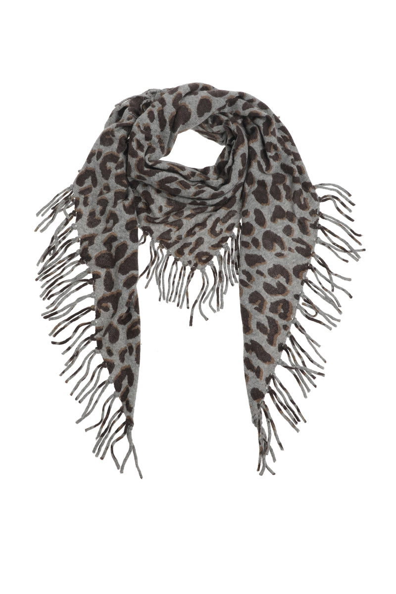 Fringed triangle animal print scarf