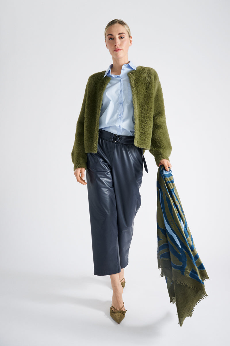 Fleece cardigan-veste kaki sans col à pressions