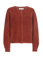 Collarless henna fleece cardigan-jacket with snaps