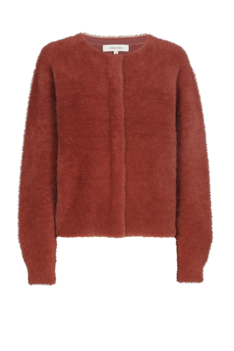 Collarless henna fleece cardigan-jacket with snaps