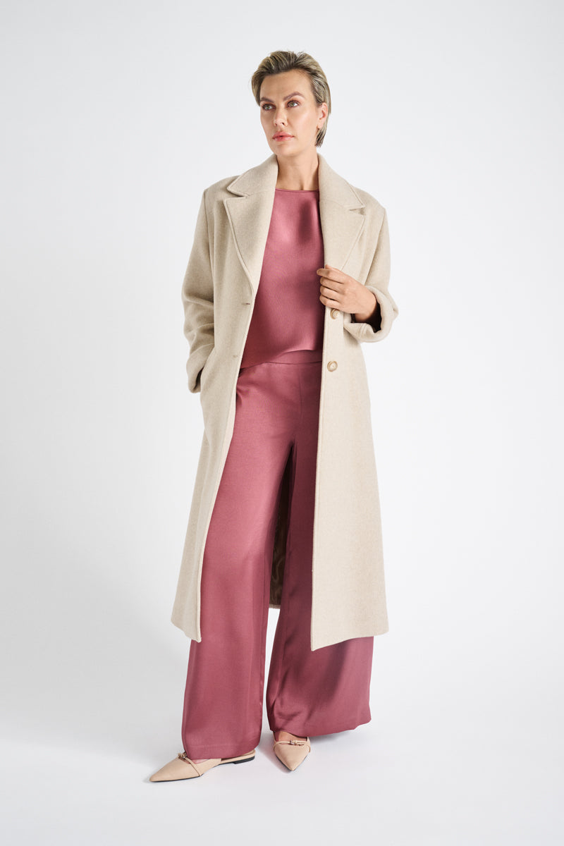 Cream wool calf-long coat