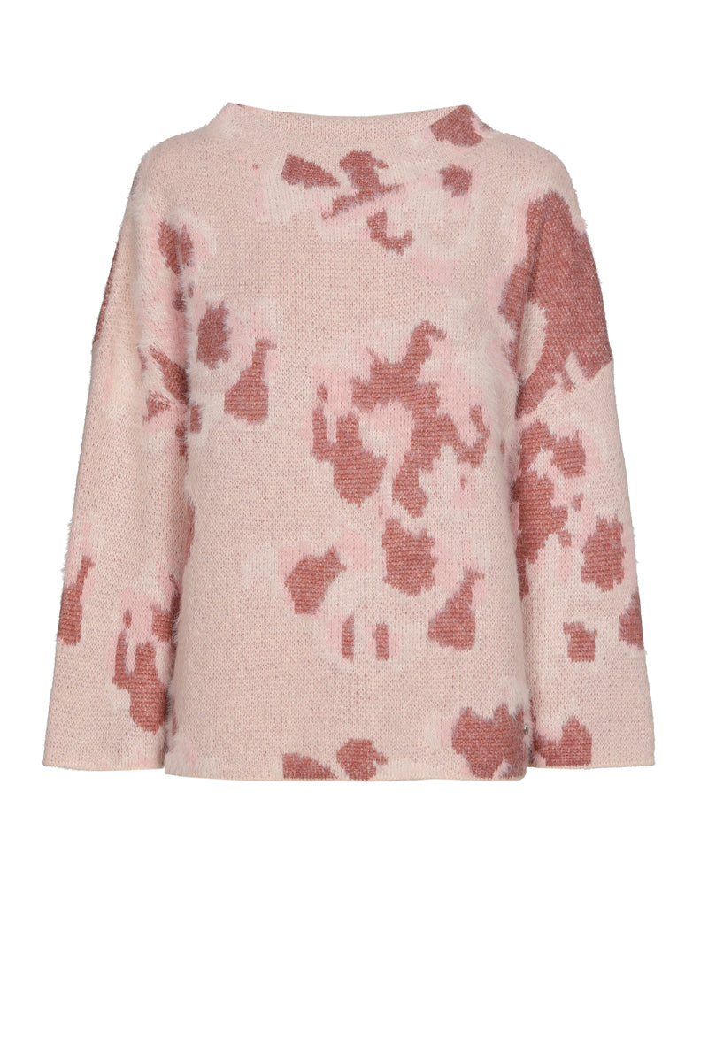 Mohair roze jacquard trui met opstaande kraag