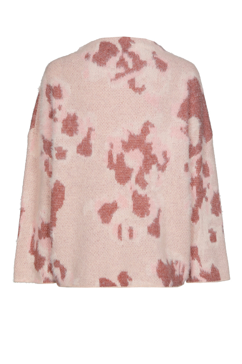 Pull jacquard rose mohair avec col montant