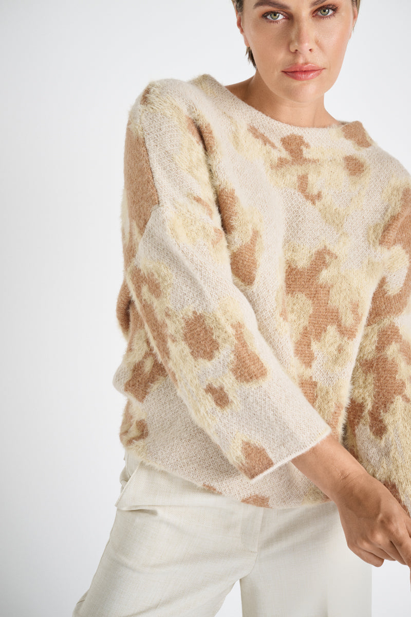 Jacquard camel mohair sweater with mock neck