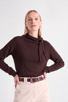 Boxy brown wool-mohair sweater with scarf collar