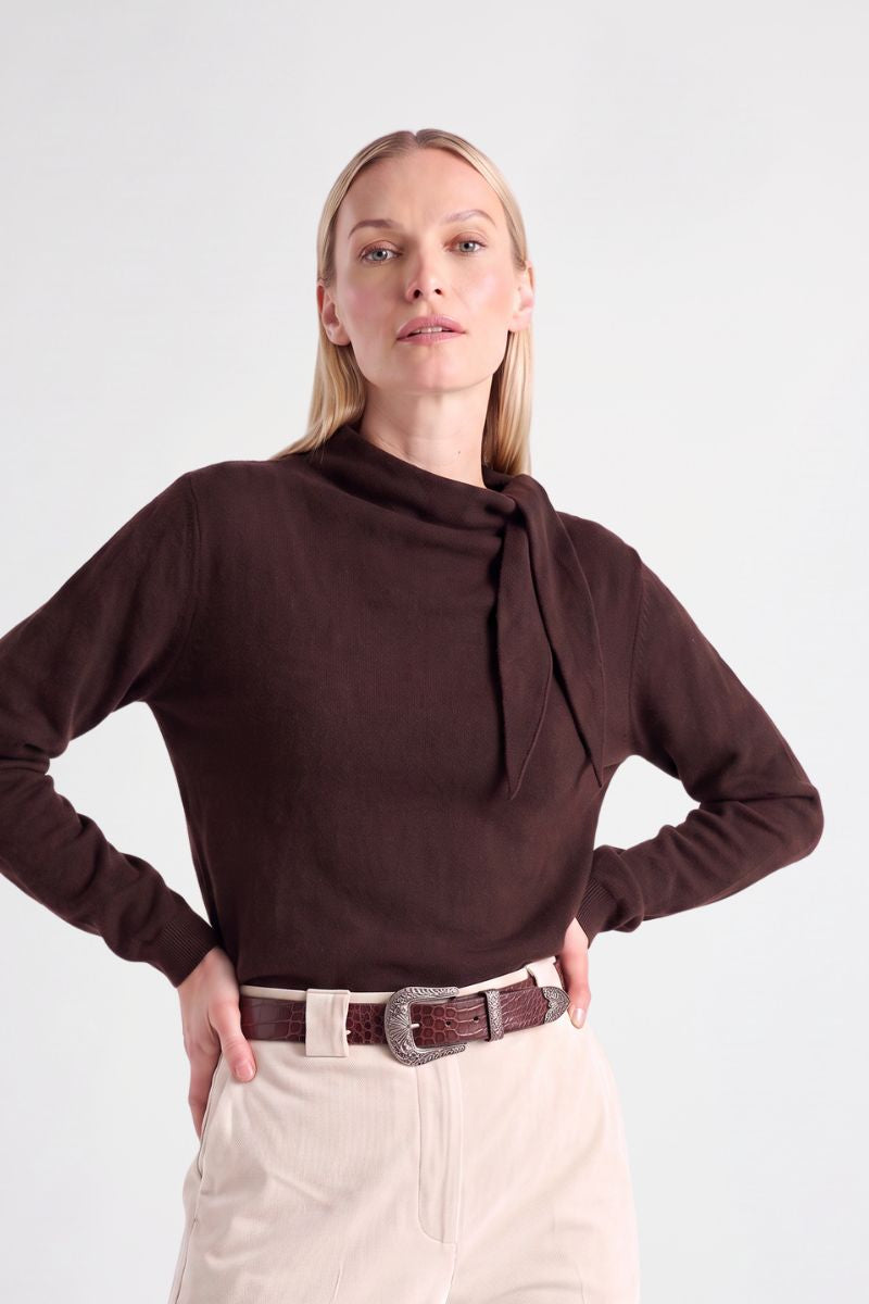 Pull boxy marron laine-mohair avec col écharpe