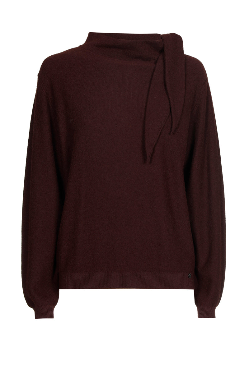 Pull boxy marron laine-mohair avec col écharpe