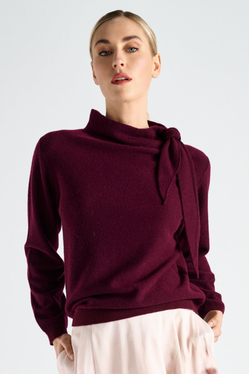 Pull boxy bordeaux laine-mohair avec col écharpe
