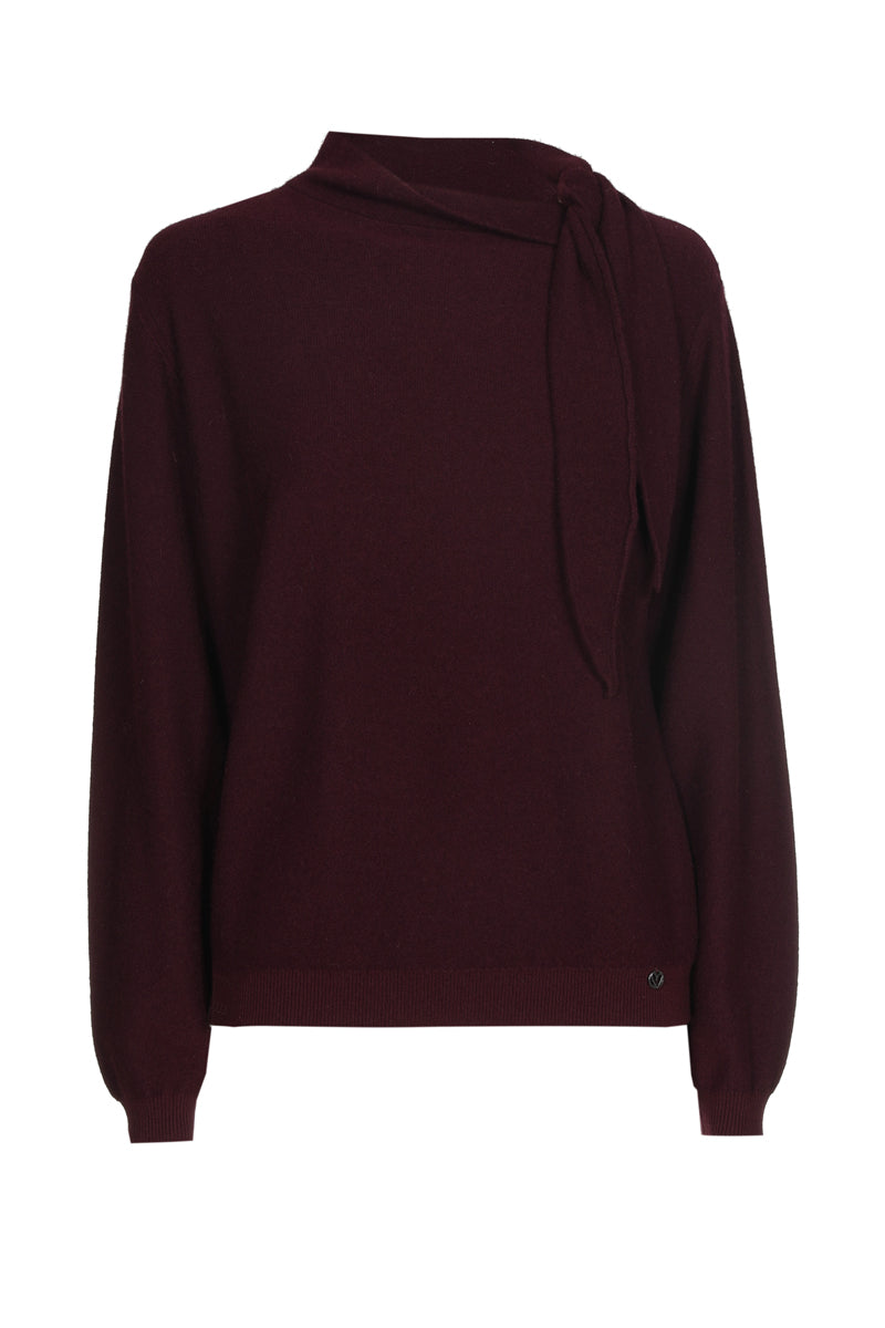 Pull boxy bordeaux laine-mohair avec col écharpe