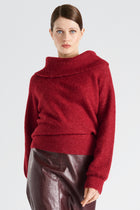 Fluffy burgundy alpaca sweater with large rollneck