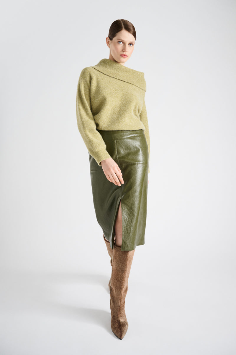 Fluffy olive green alpaca sweater with large rollneck