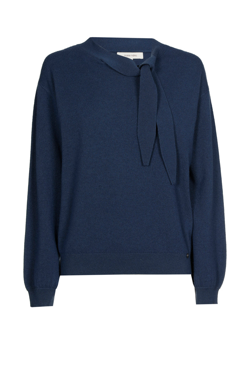 Fijn blauw wol-kasjmier truitje met strikkraag
