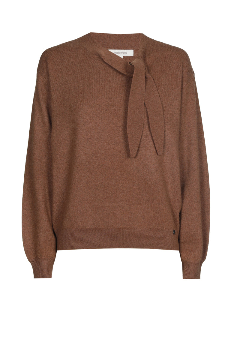 Fine cognac cashmere-wool sweater with bow collar