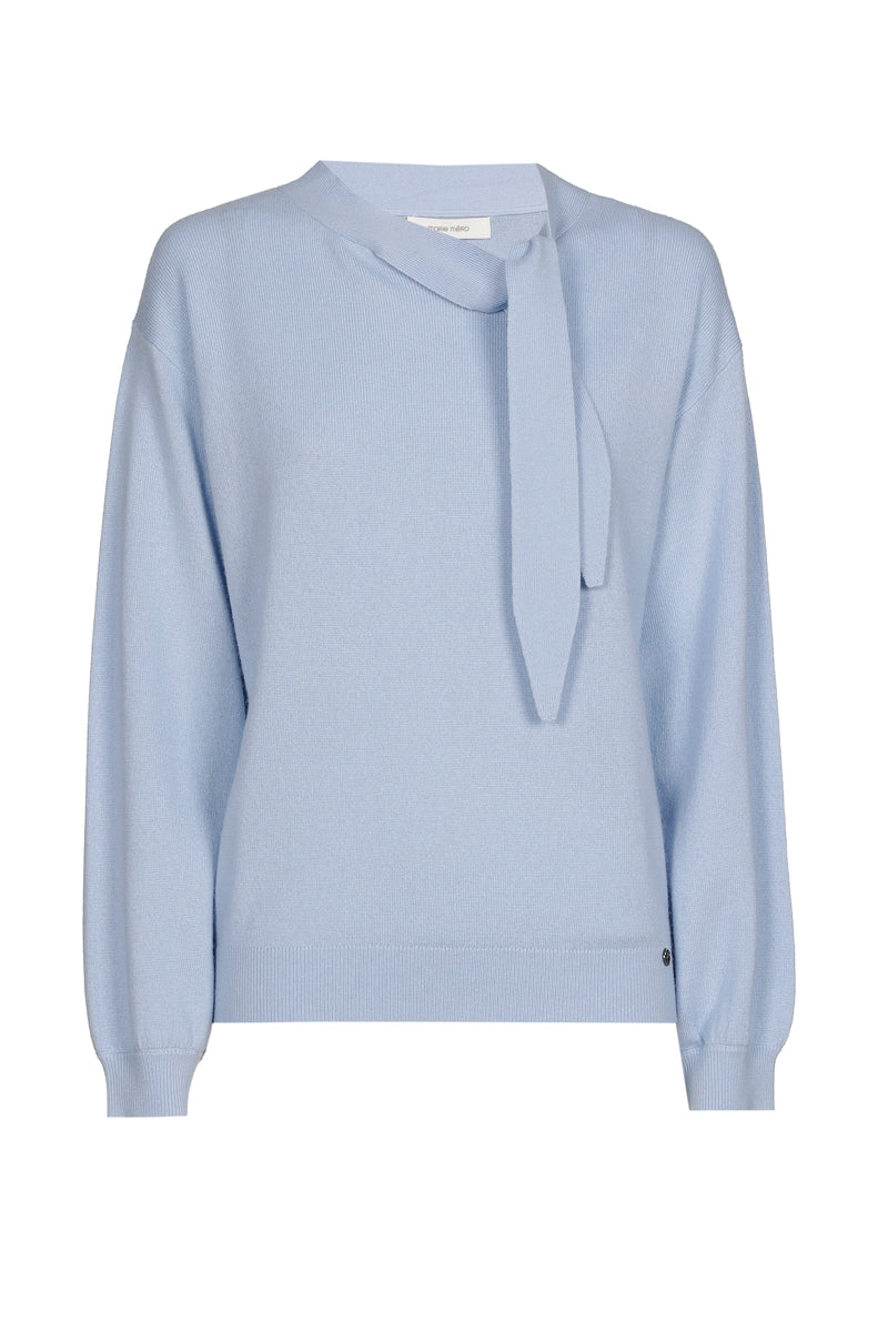 Fine sky blue cashmere-wool sweater with bow collar